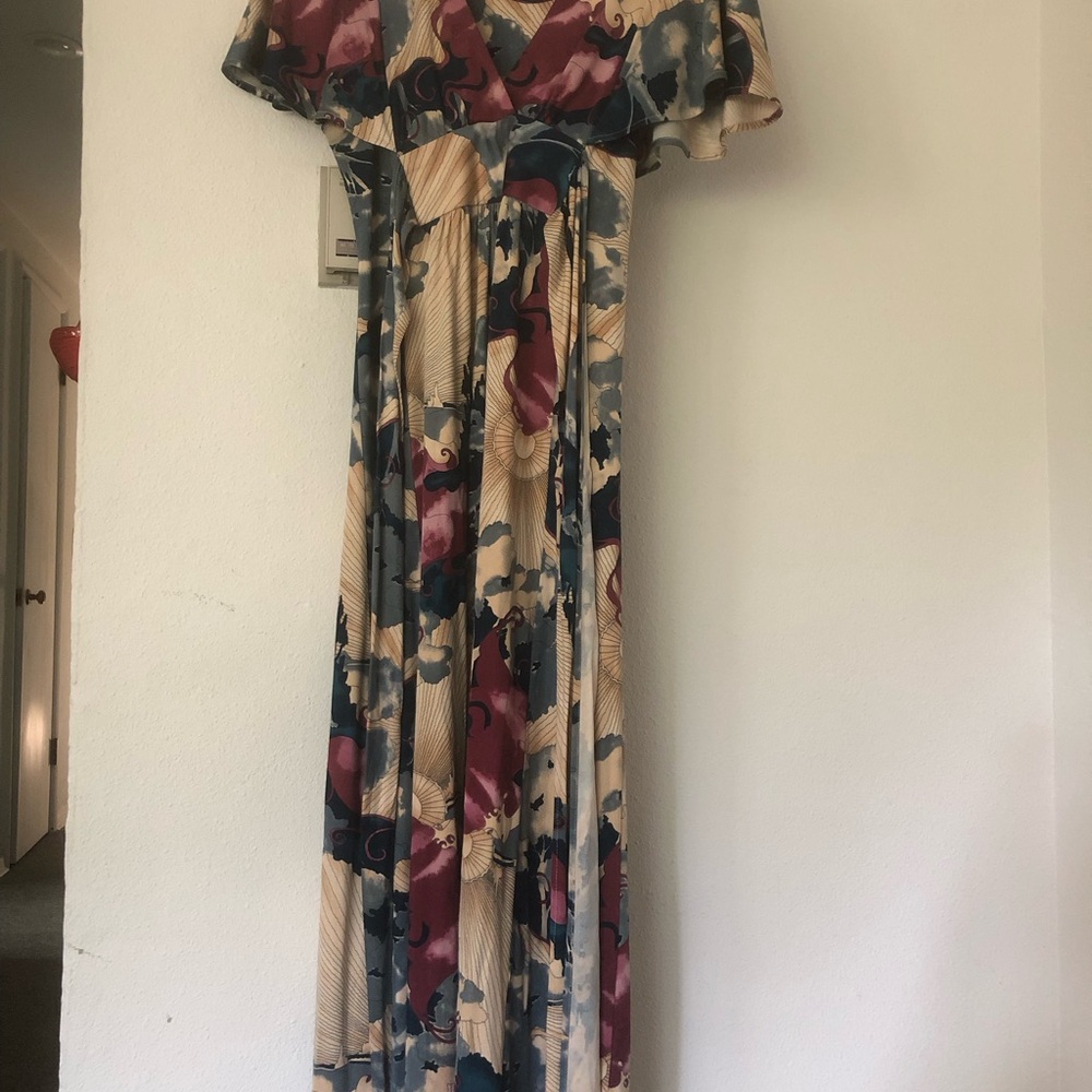 Betsey Johnson Cream Maxi Dress with flutter sleeves & tie waist